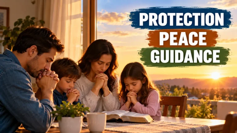 Christian family of four praying together around an open Bible at sunrise, seeking God's protection, peace, and guidance for the day.