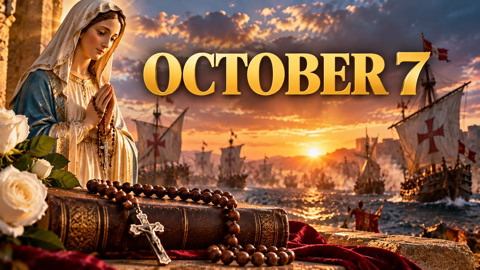 Our Lady with Rosary beads overlooking a historic naval battle scene, symbolizing the October 7 Feast of Our Lady of the Rosary.