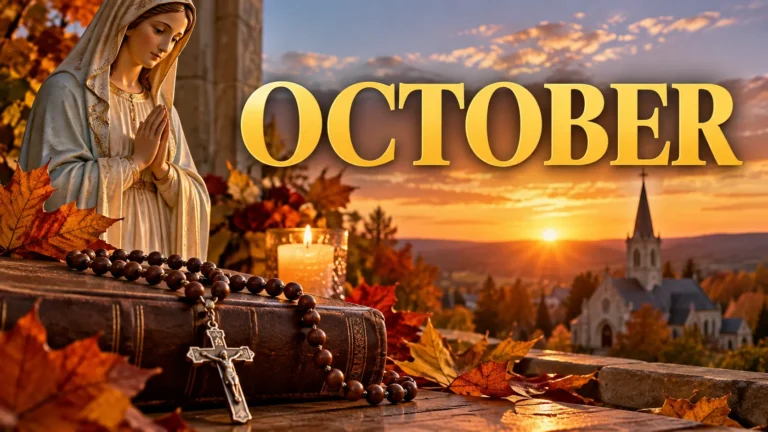 Rosary beads, Virgin Mary statue, candle, and church in an autumn October setting symbolizing Catholic Rosary devotion.