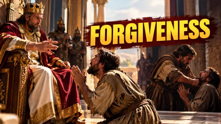 Illustration of the Parable of the Unforgiving Servant in Matthew 18, showing a king granting mercy to a kneeling servant while another servant demands repayment from a fellow debtor.