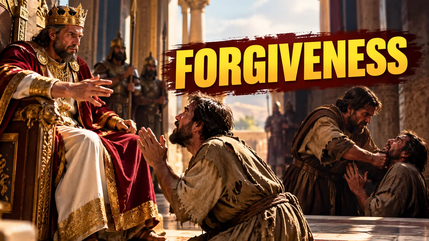 Illustration of the Parable of the Unforgiving Servant in Matthew 18, showing a king granting mercy to a kneeling servant while another servant demands repayment from a fellow debtor.