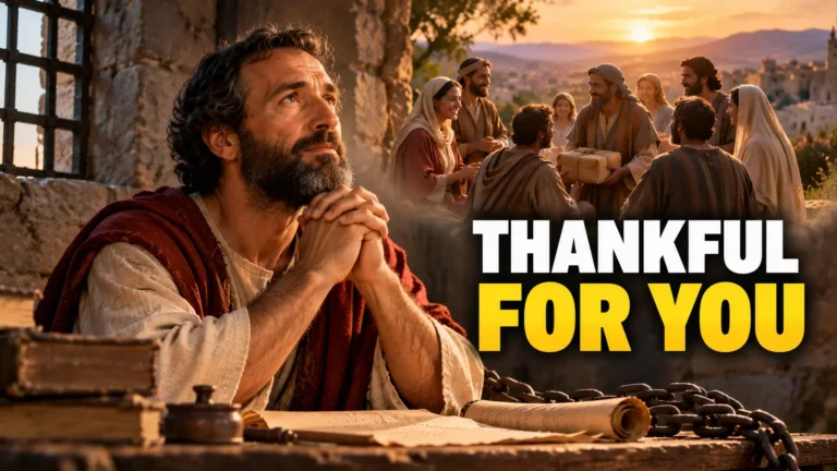 Apostle Paul praying with gratitude while remembering the Philippian Christians who supported his ministry, illustrating Philippians 1:3.