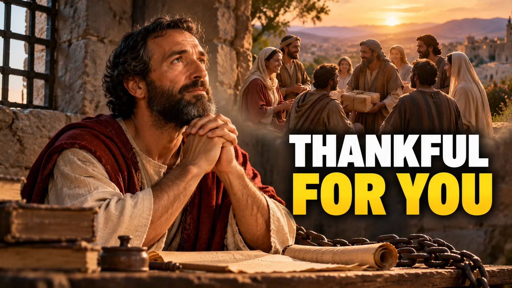 Apostle Paul praying with gratitude while remembering the Philippian Christians who supported his ministry, illustrating Philippians 1:3.