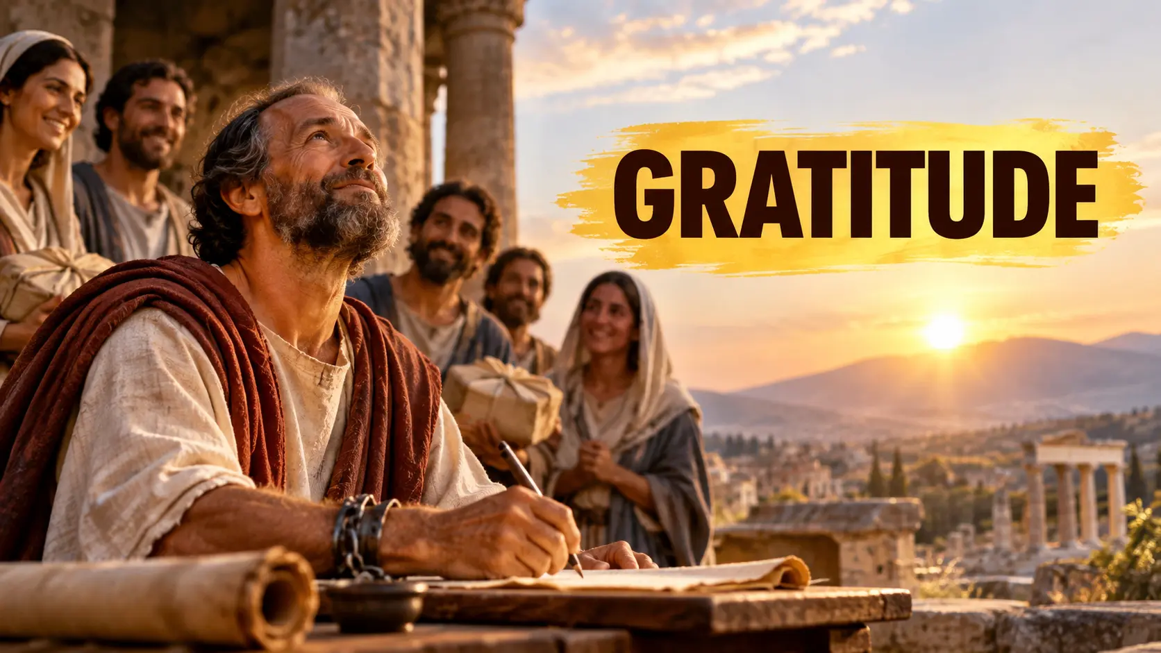 Apostle Paul writing a letter with gratitude as fellow believers gather around him, illustrating the meaning of Philippians 1:3 and his thankfulness to God