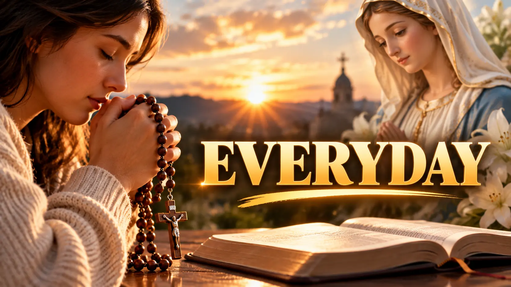 Woman praying the Rosary beside an open Bible with Marian imagery, representing the spiritual impact of daily Rosary prayer.