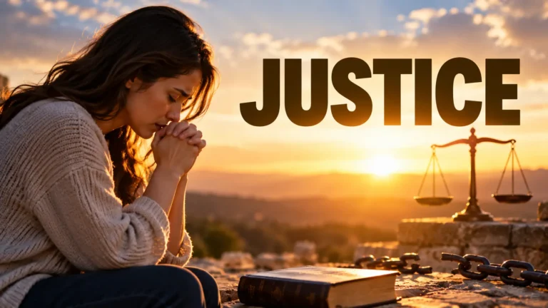 Woman praying with clasped hands at sunset beside a Bible and scales of justice, symbolizing a prayer for an unjust situation and unfair treatment.