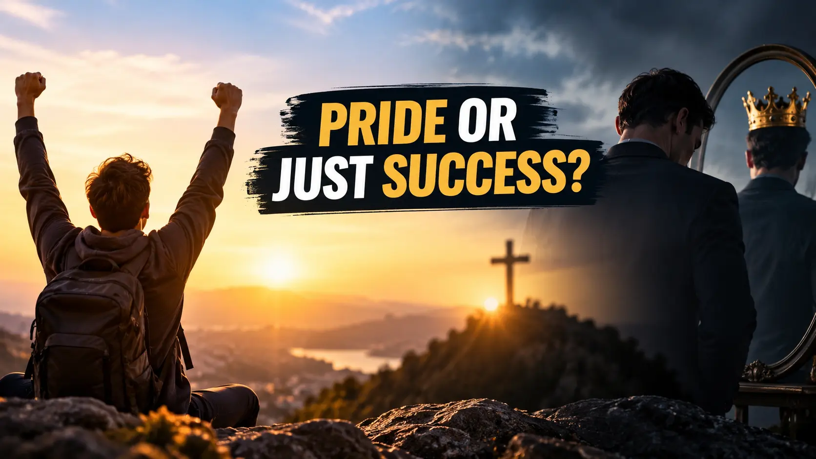 A person celebrating an achievement at sunrise contrasted with a man facing a crowned reflection, illustrating the difference between healthy satisfaction and sinful pride