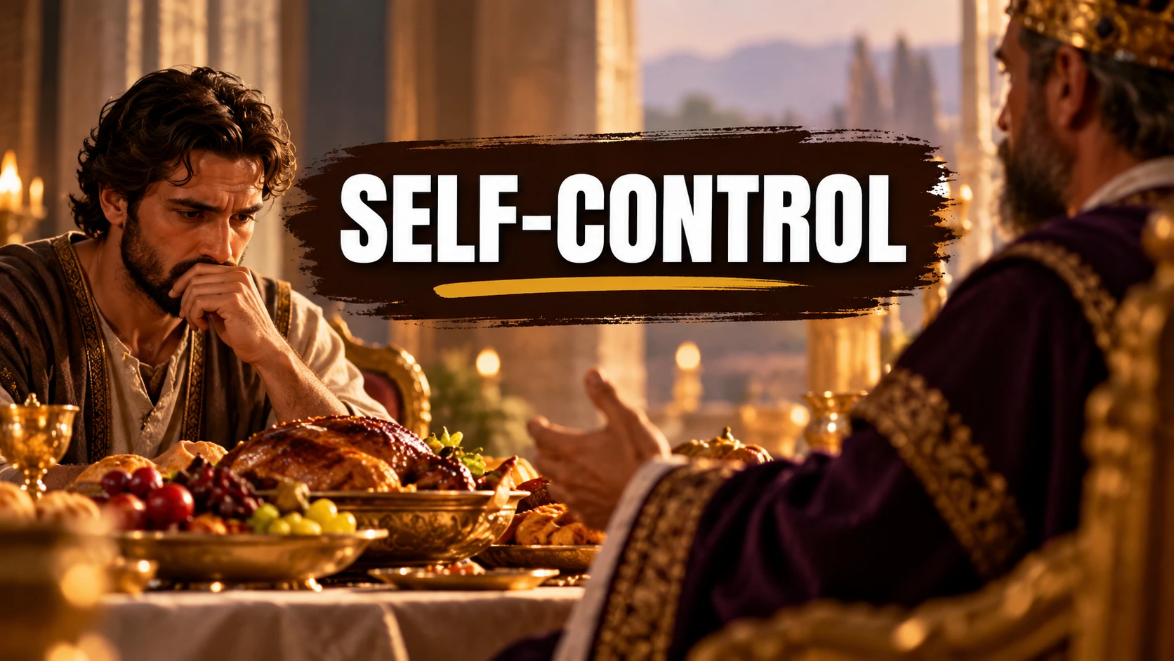 A thoughtful man seated before a lavish banquet with a powerful ruler, illustrating the biblical warning about appetite and self-control in Proverbs 23:1–3.