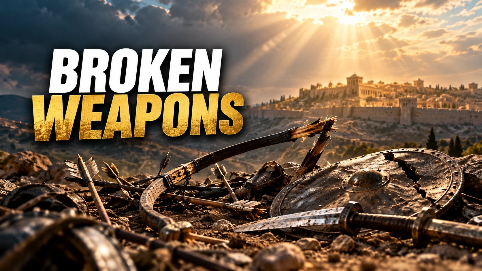 Broken bows, arrows, swords, and shields scattered across an ancient battlefield near Jerusalem, illustrating God's victory over military power in Psalm 76.