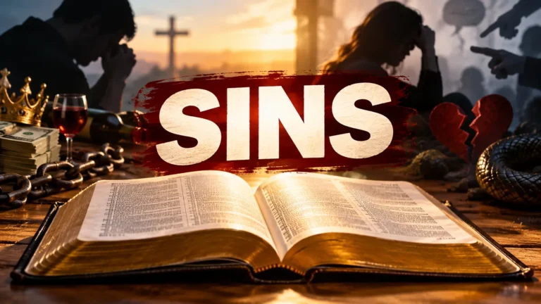 Open Bible with symbols representing sins mentioned in Scripture, including greed, broken relationships, temptation and repentance.