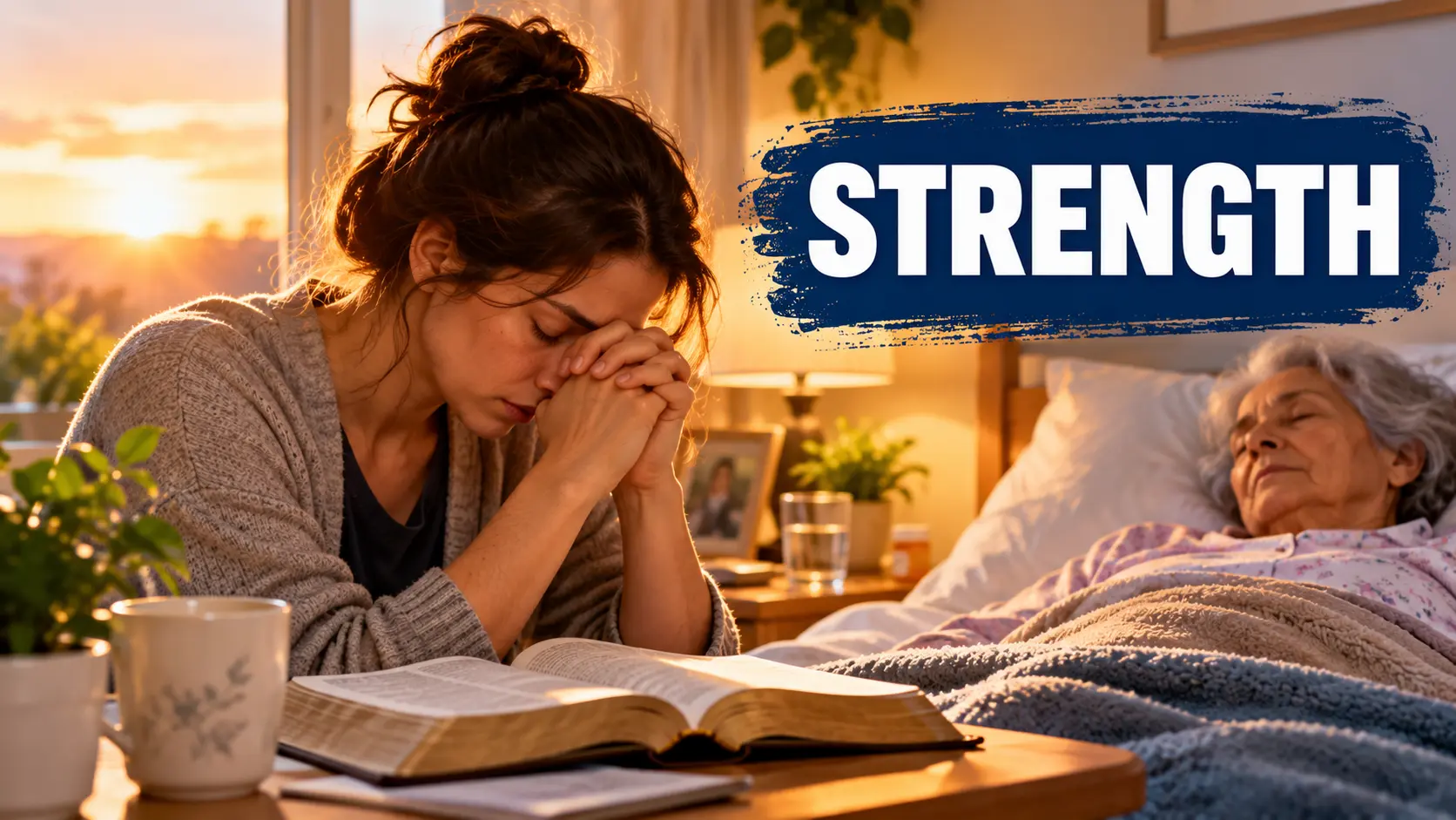 A caregiver praying beside an elderly loved one in bed, finding strength and comfort through faith.