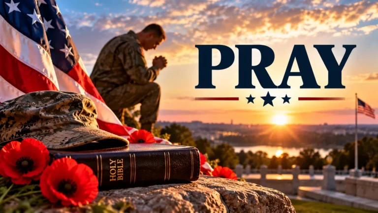 American veteran kneeling in prayer at sunset beside a Holy Bible, military cap, American flag, and red poppies, illustrating Veterans Day prayers and Bible verses.