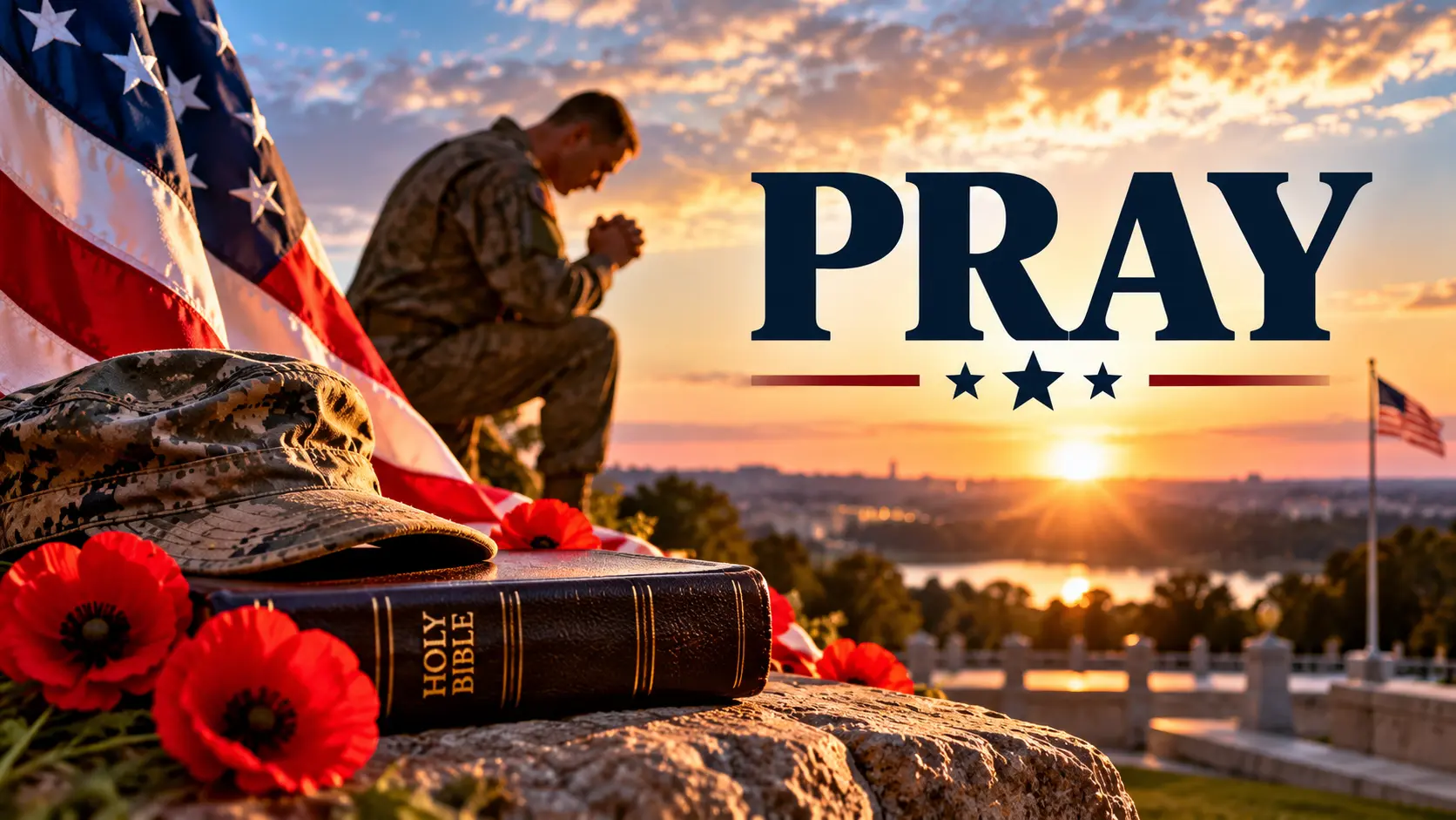 American veteran kneeling in prayer at sunset beside a Holy Bible, military cap, American flag, and red poppies, illustrating Veterans Day prayers and Bible verses.